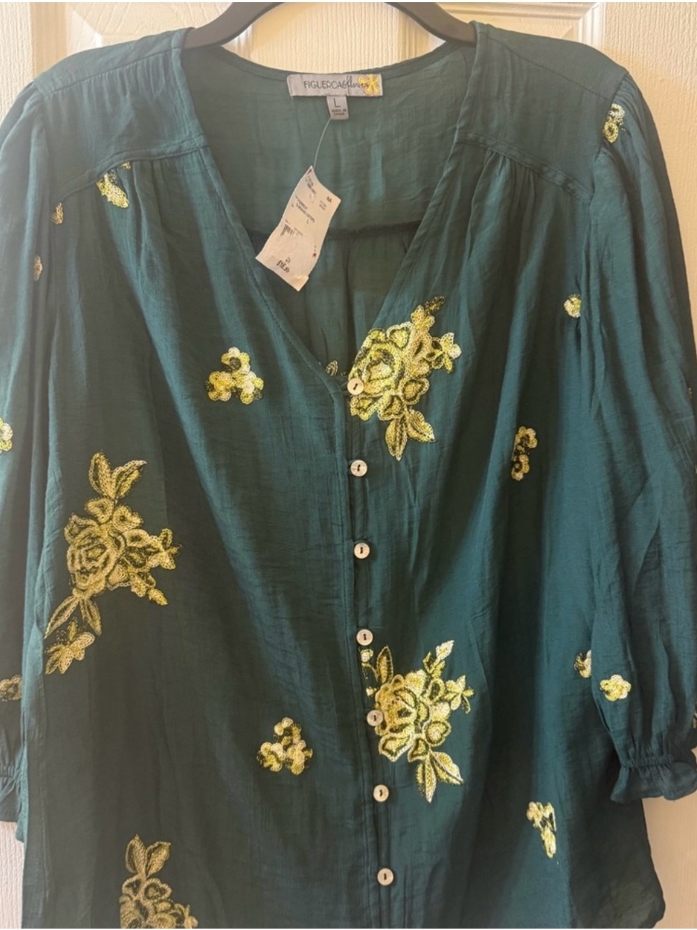 Coraline Green Embroidered Button-Front Women's Top